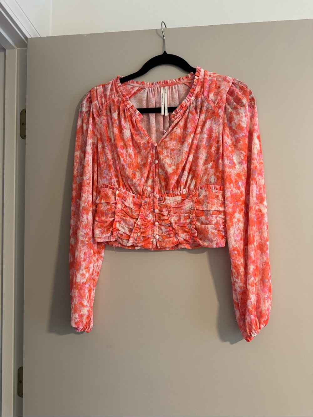 Anthropologie Coral Pink Floral Ruched Button Crop Blouse
